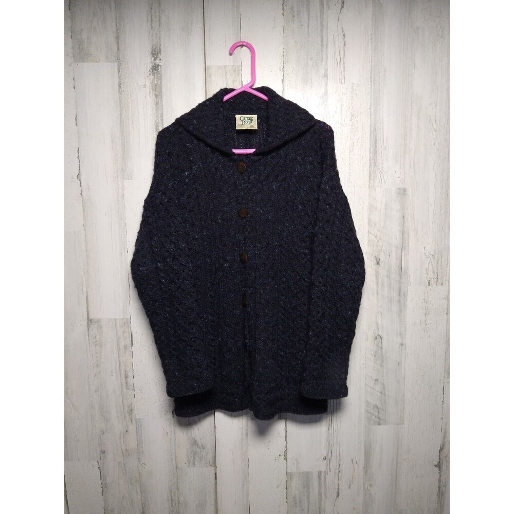 Carraig Donn Sweater Cardigan 100% Wool Women's Large Ireland Blue Cable Knit L